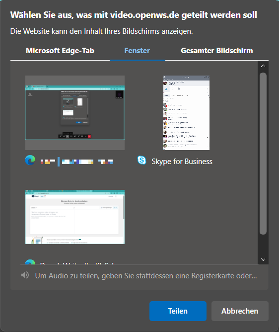 Auswahl Bildschirmfreigabe