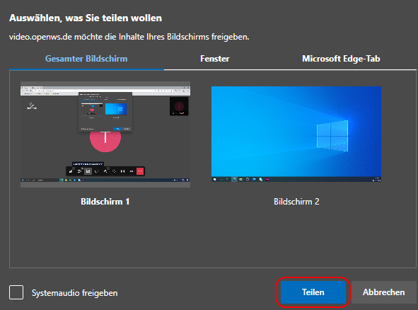 Fenster: Auswählen, was Sie teilen wollen